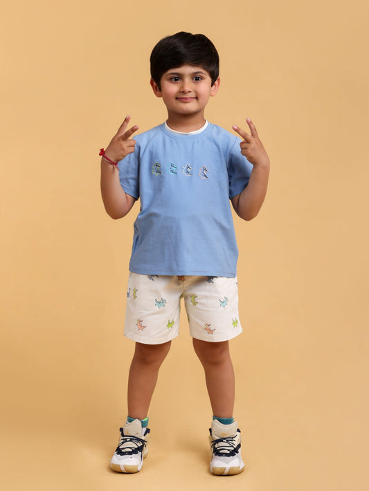 Blue t-shirt with crocodile print shorts