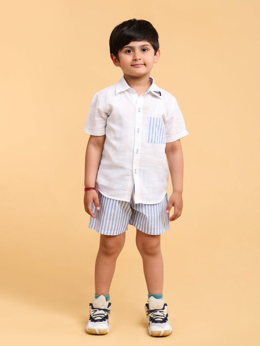 White shirt with stripe pocket and stripe shorts