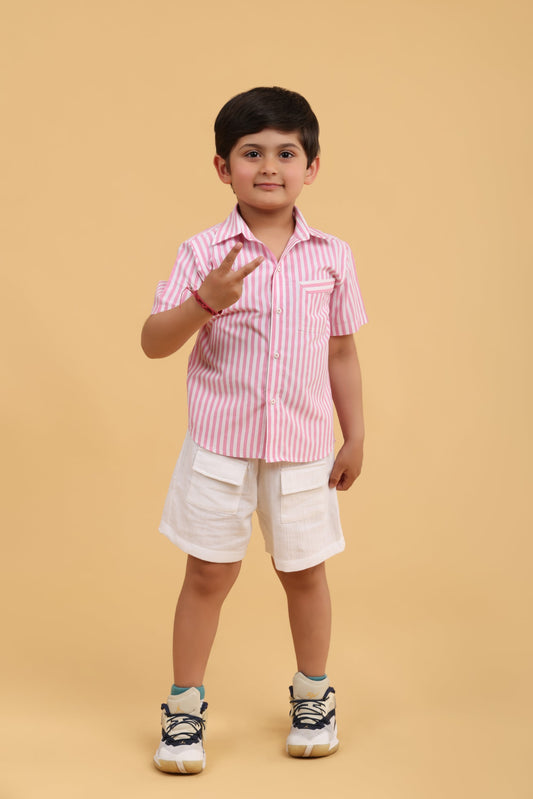 Pink stripe shirt with white shorts