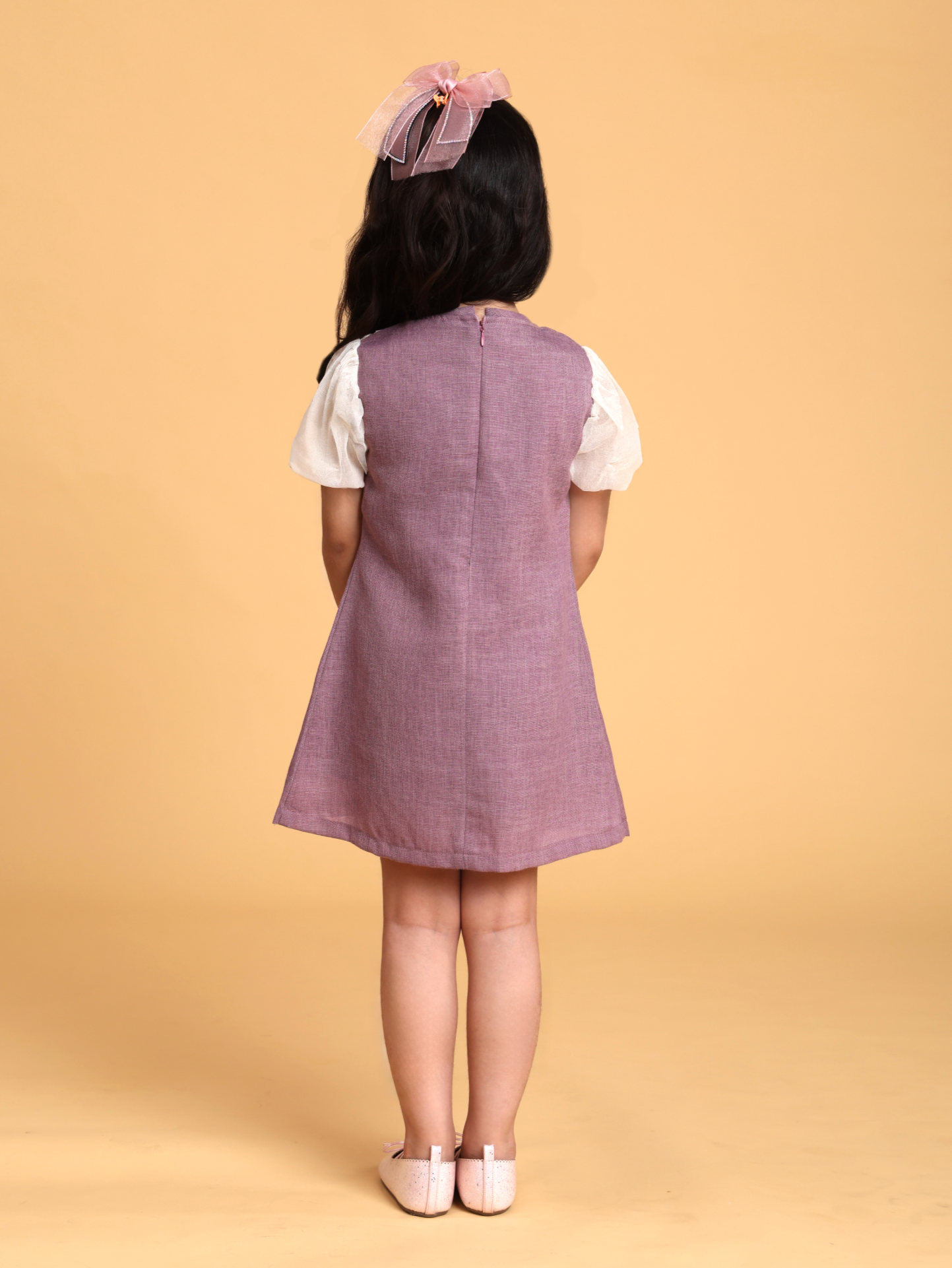 Purple linen dress with ruffle net sleeves