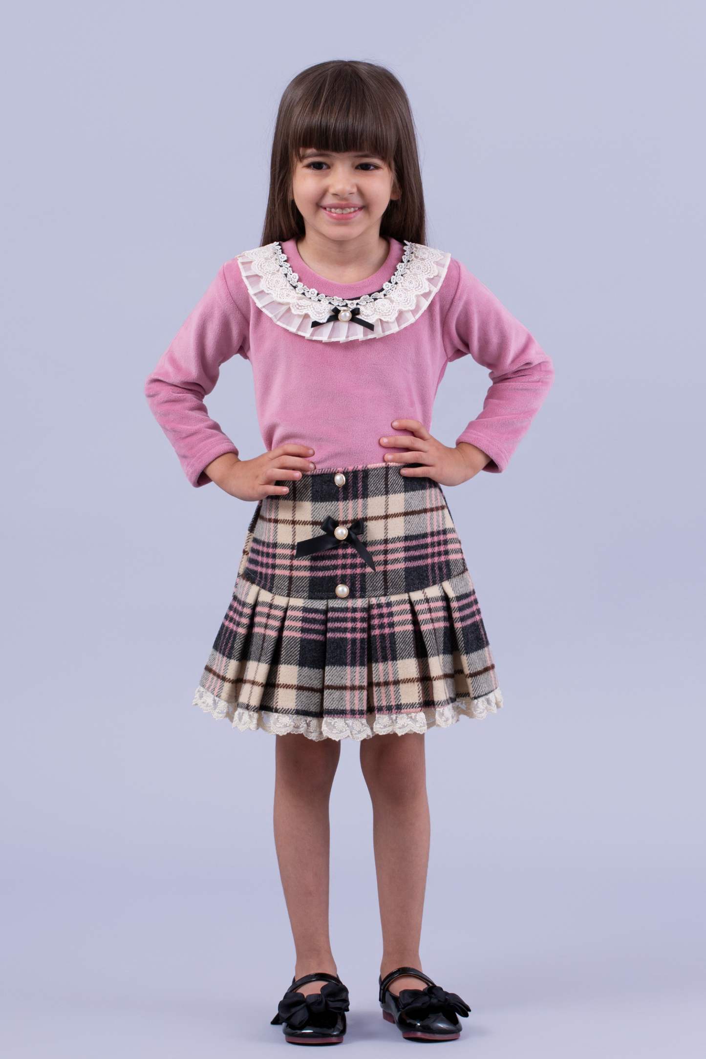 Wisteria pink top and checkered skirt