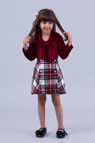 Maroon tie up top and Velvet Tweed skirt