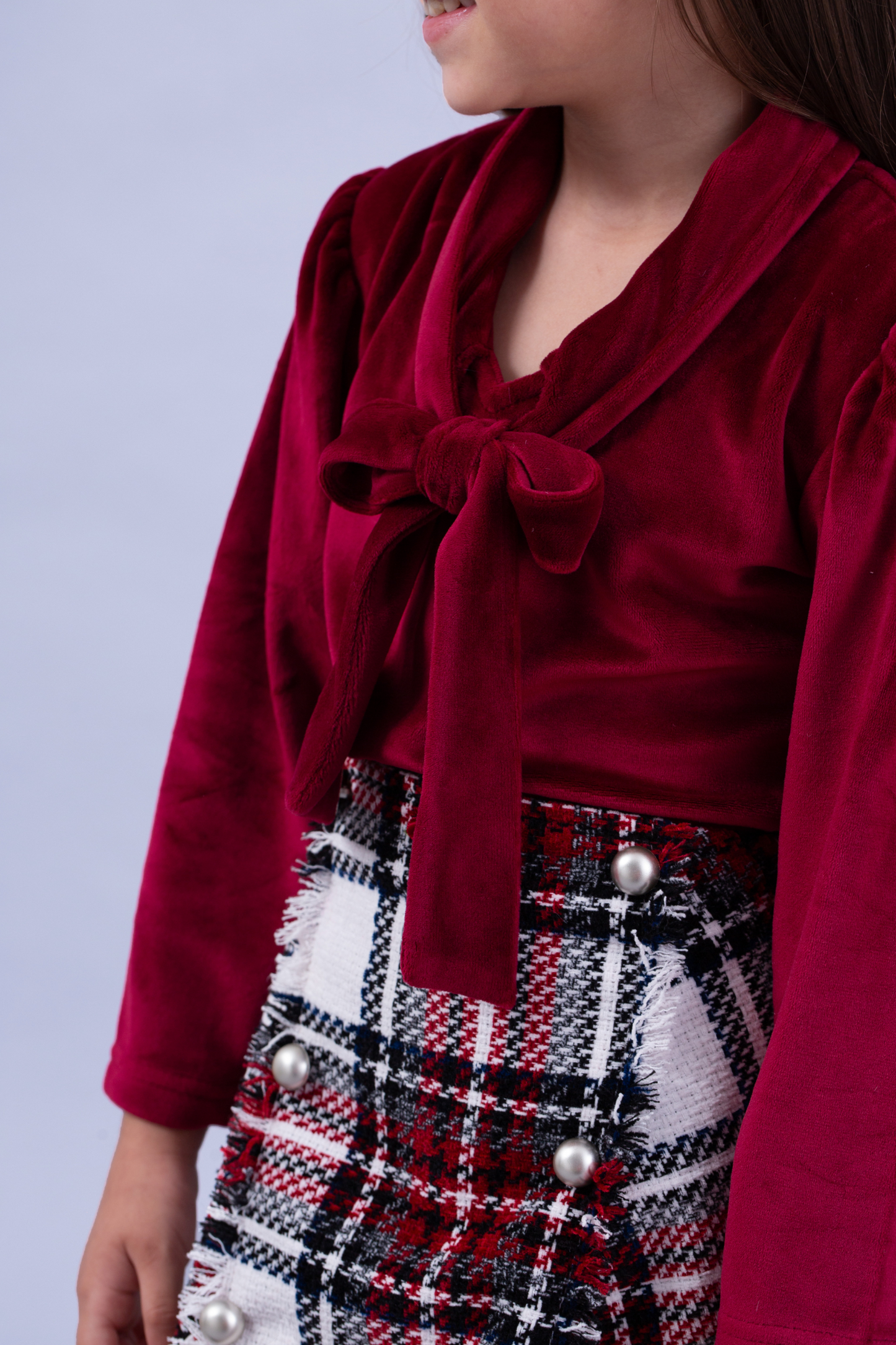 Maroon tie up top and Velvet Tweed skirt