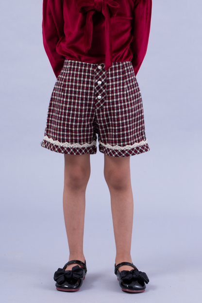 Maroon and cream small check shorts