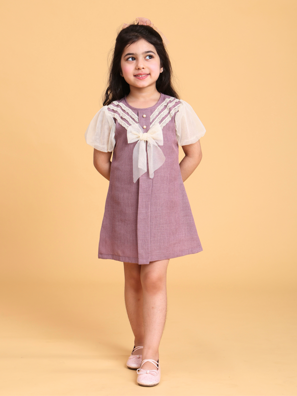 Purple linen dress with ruffle net sleeves