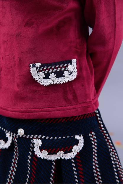 Maroon top with velvet tweed collar