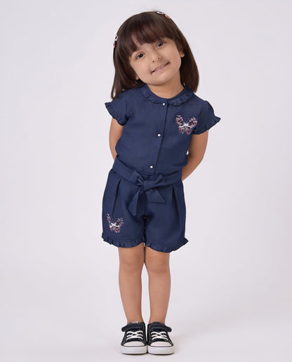 Cotton (Dark) denim Co-ordset with butterfly print