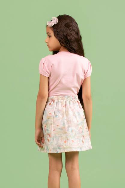 Baby pink top with pastel printed skirt