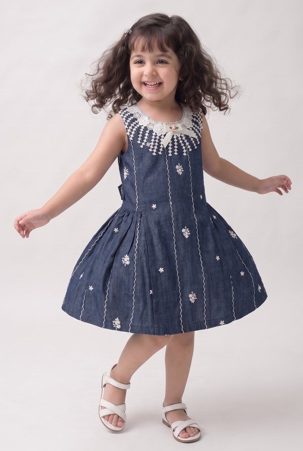 Midnight Bloom Cotton denim embroidered dress (049)