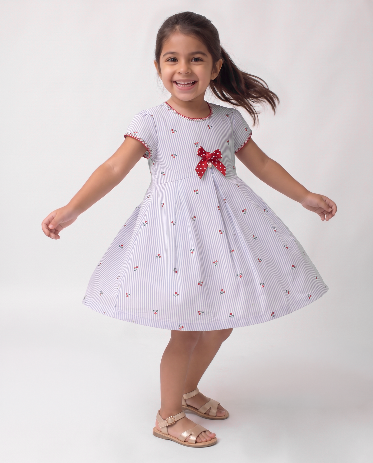 Cherry bow and Stripe cotton dress