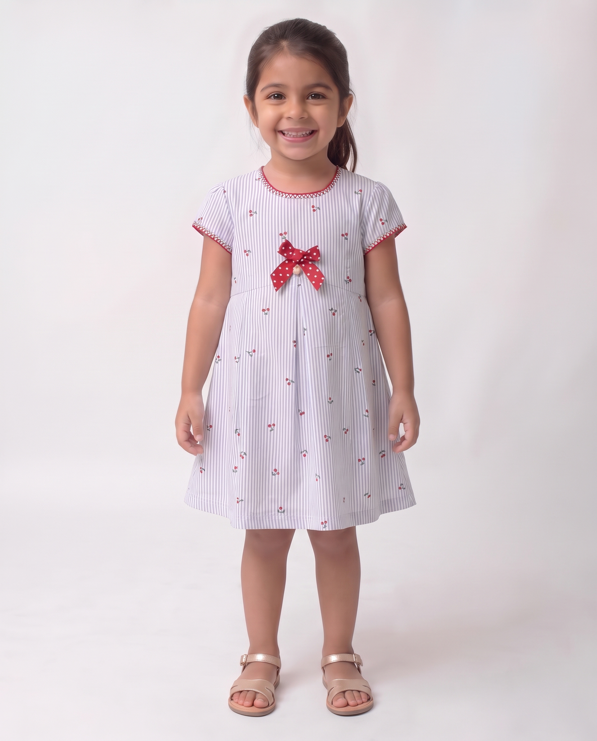 Cherry bow and Stripe cotton dress