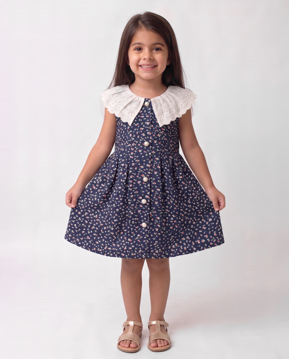 Flowy navy printed cotton dress with schiffli lace