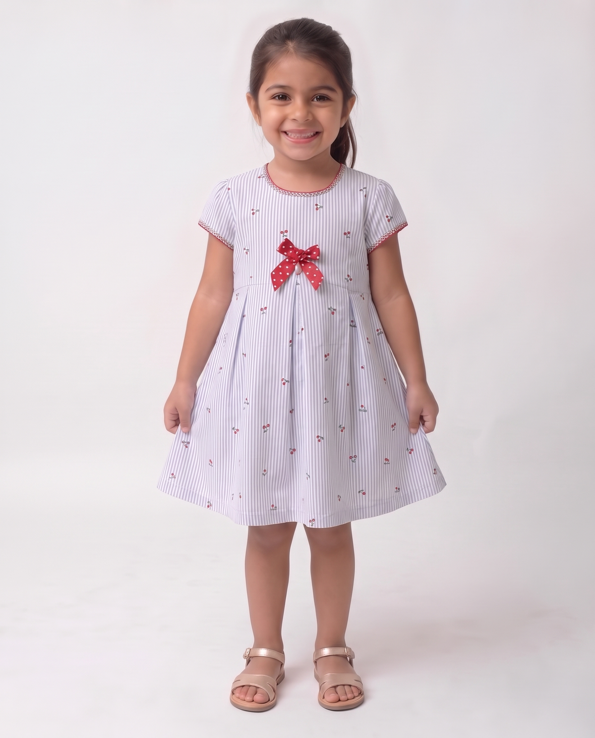 Cherry bow and Stripe cotton dress