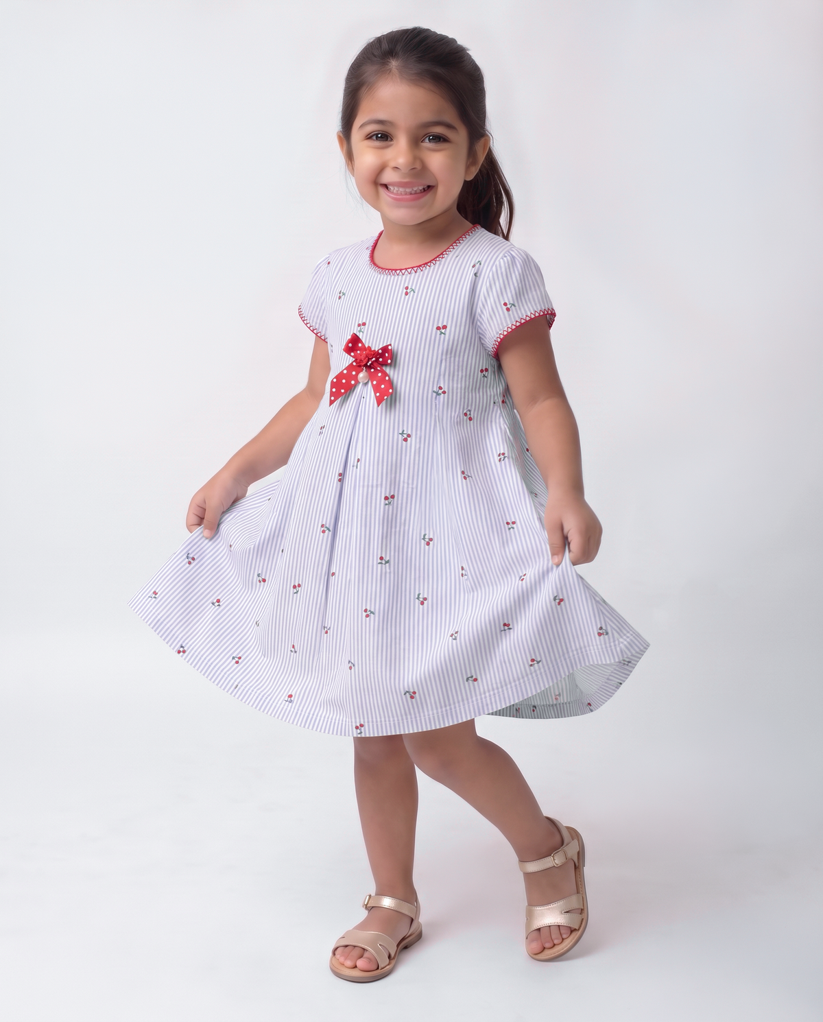Cherry bow and Stripe cotton dress