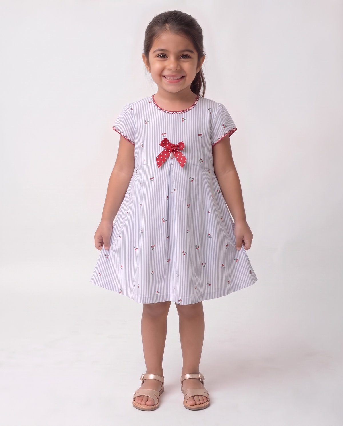 Cherry bow and Stripe cotton dress