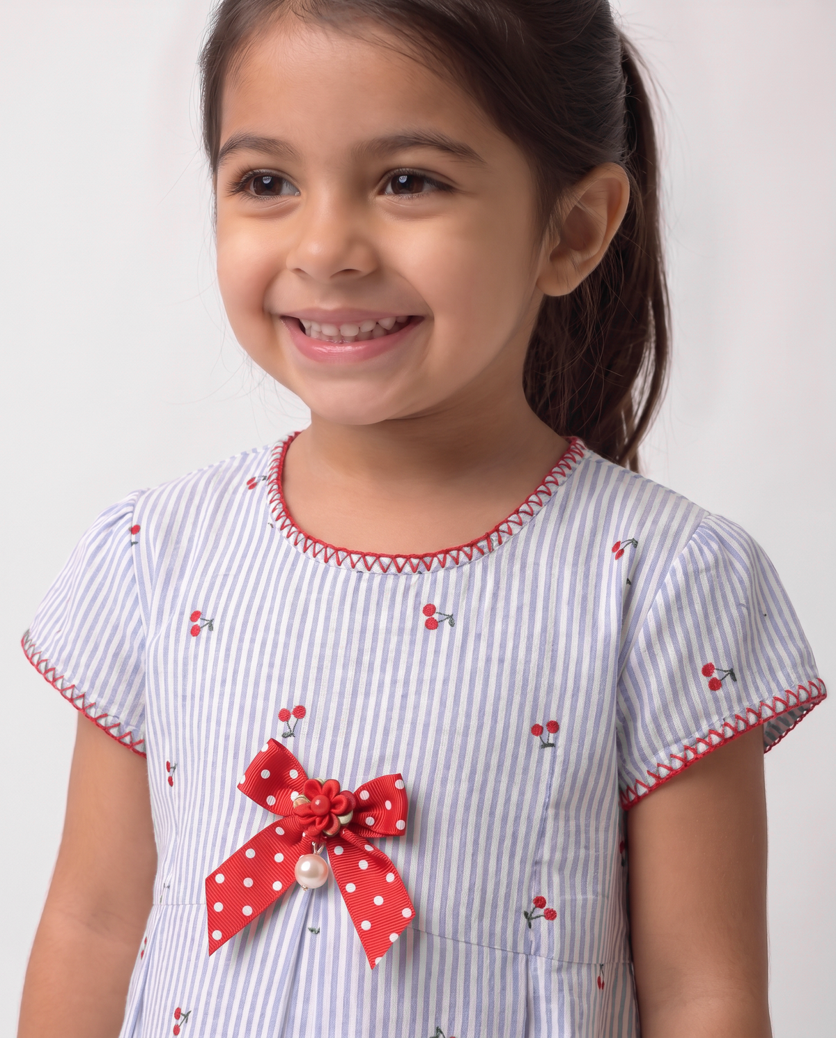 Cherry bow and Stripe cotton dress