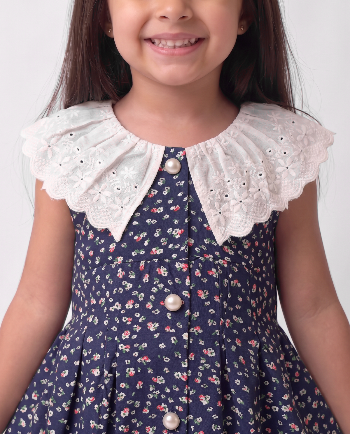 Flowy navy printed cotton dress with schiffli lace
