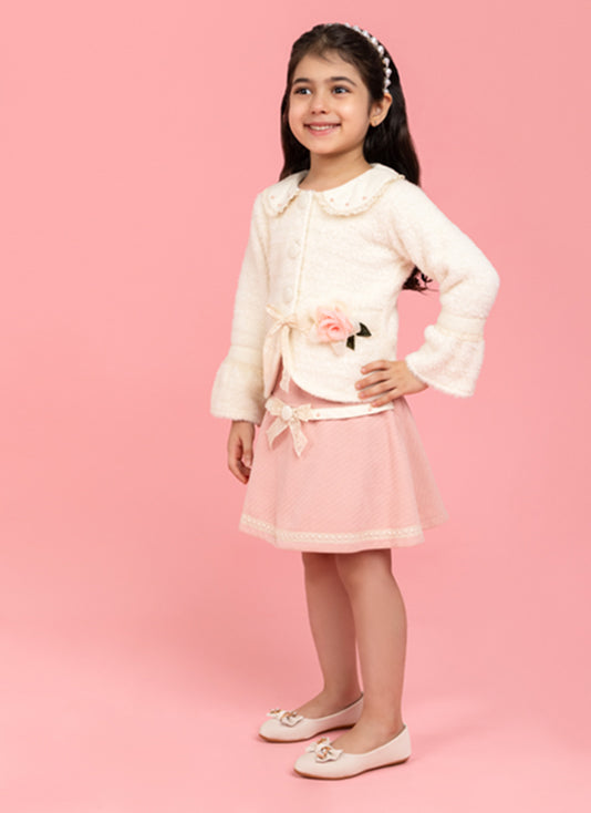 Formal buttoned top with baby pink skirt