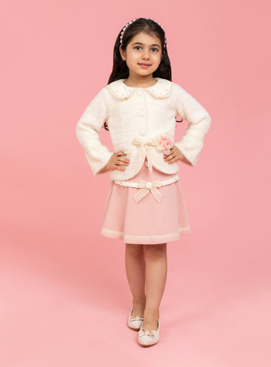 Formal buttoned top with baby pink skirt
