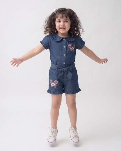 Cotton (Dark) denim Co-ordset with butterfly print