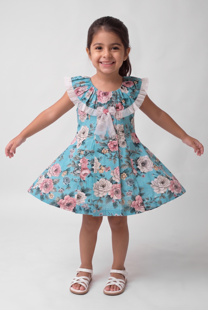 Comfortable blue printed cotton dress (048)