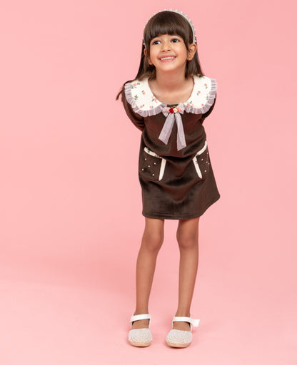 Brown dress with floral print detailing