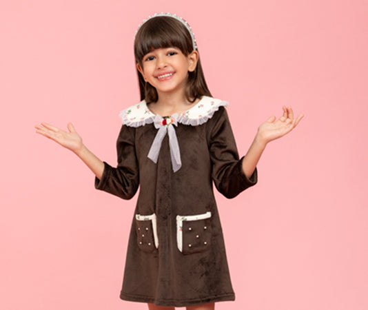 Brown dress with floral print detailing