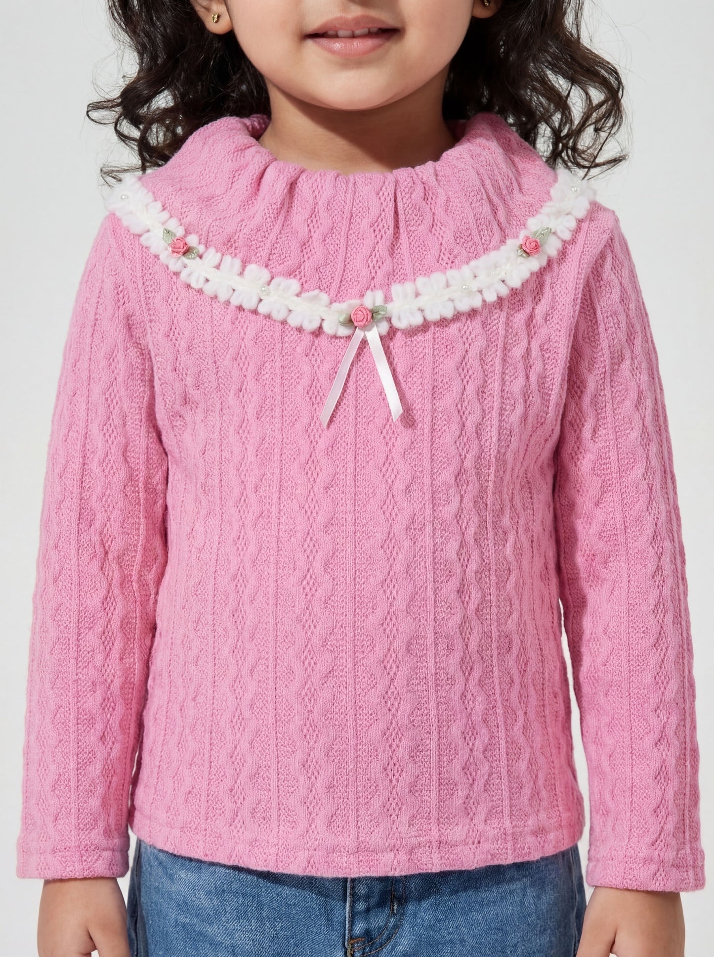 Pink woollen top with lace detailing (049)