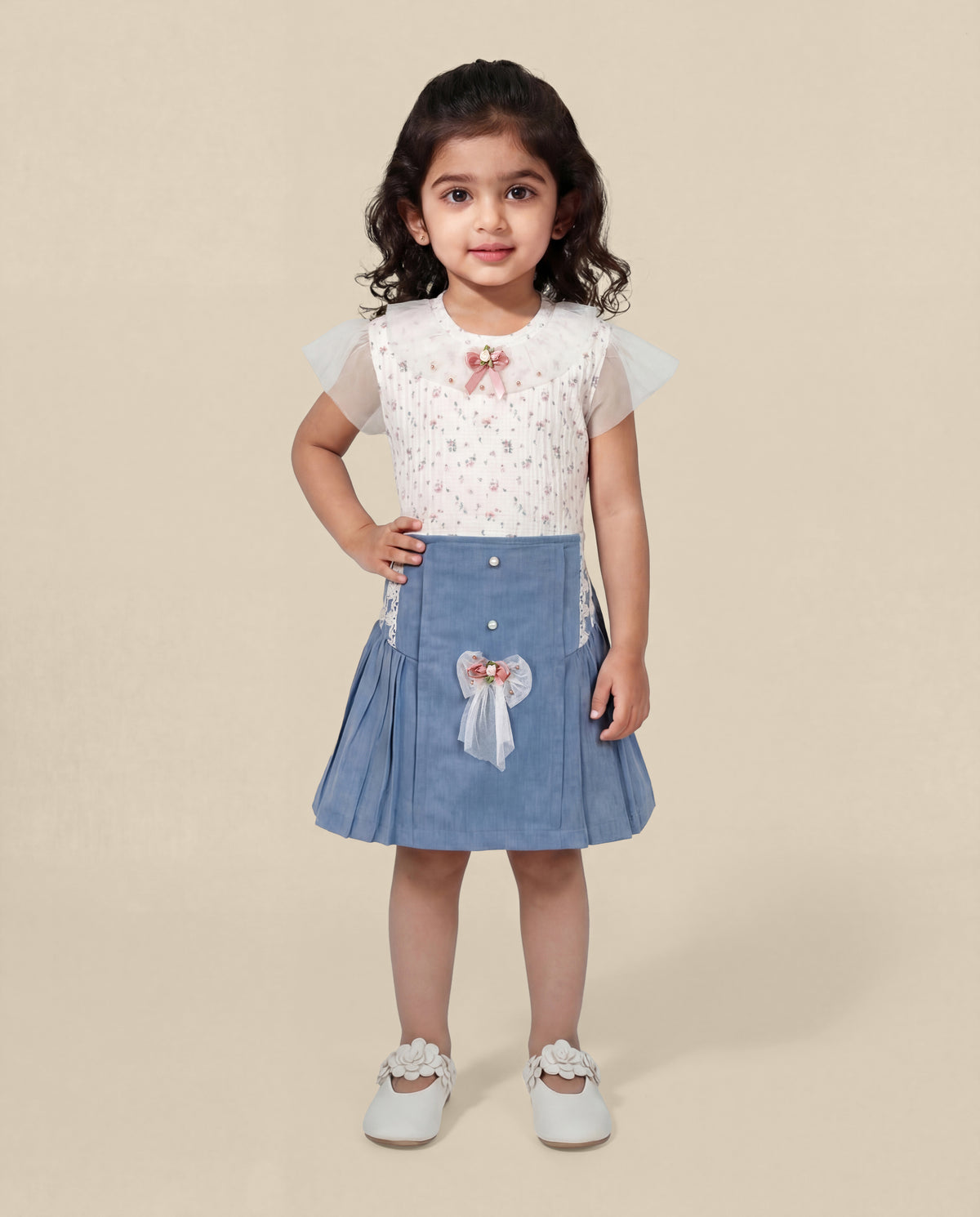 Butter floral printed top and denim skirt with lace