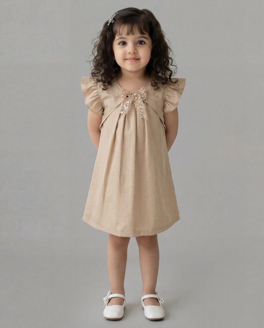 Biege Cotton Dress with fancy bow