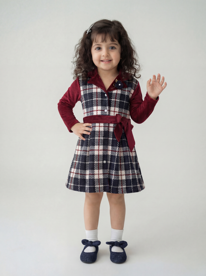 Maroon and navy check dress (043)
