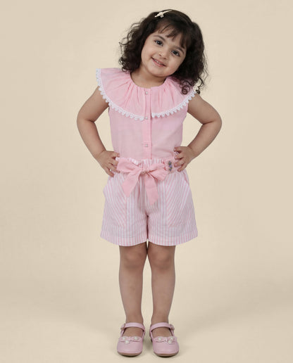 Pink inside out collar top with stripe shorts SS26 -(07)