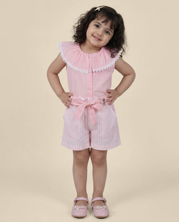 Pink inside out collar top with stripe shorts SS26 -(07)