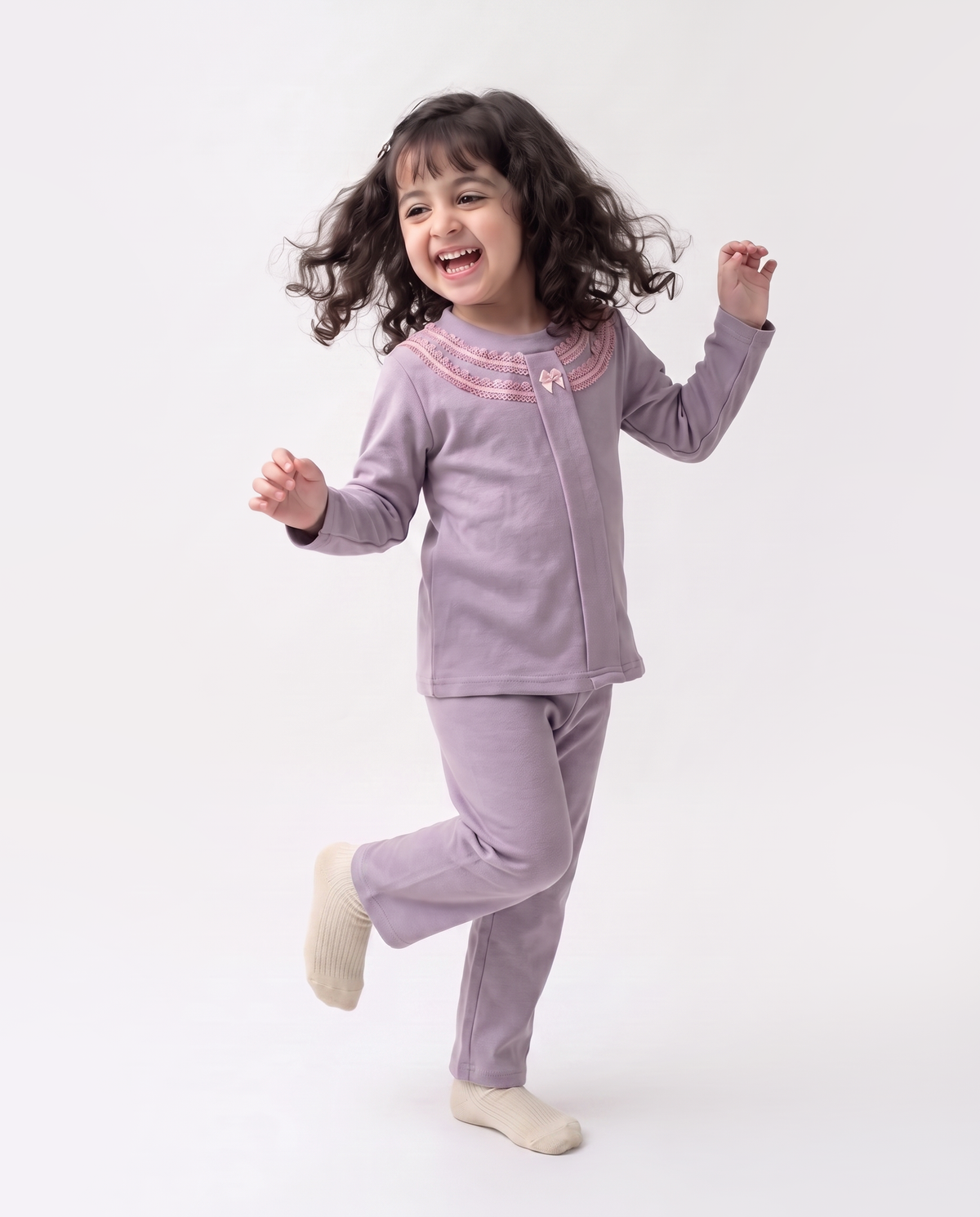 Soft Wool Blend Lilac Nightsuit with Lace for Girls | Winter Nightsuit