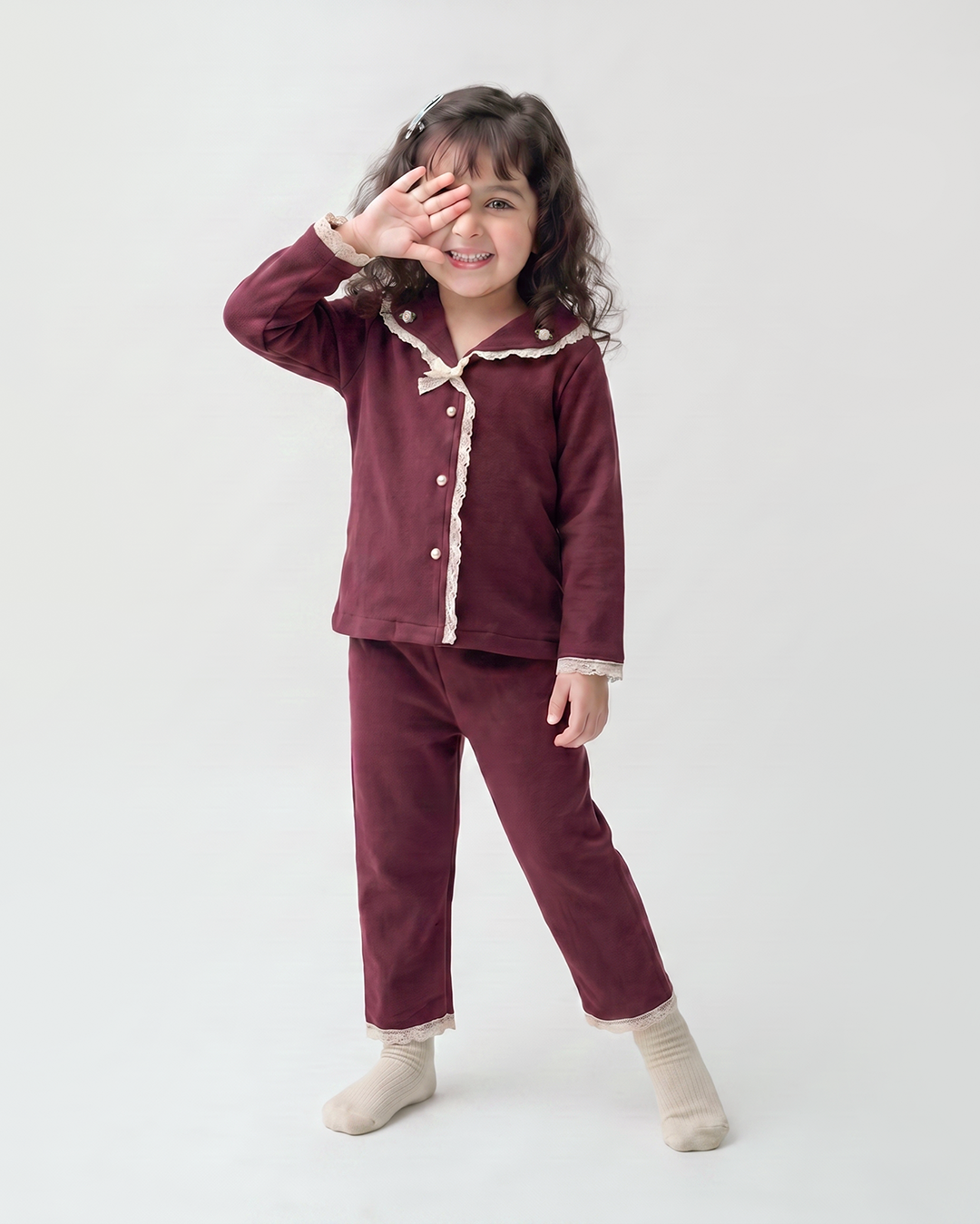 Soft Wool Blend Maroon Nightsuit with Lace for Girls | Winter Nightsuit