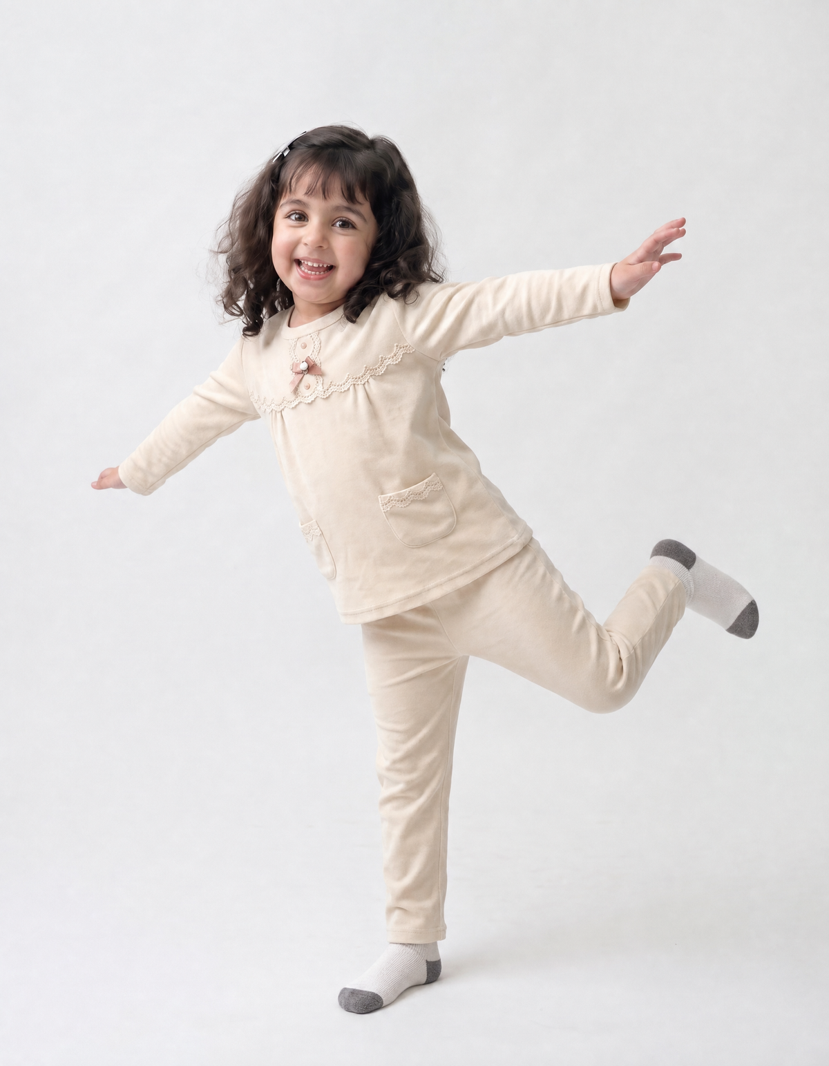 Soft Wool Blend Cream Nightsuit with Lace for Girls | Winter Nightsuit