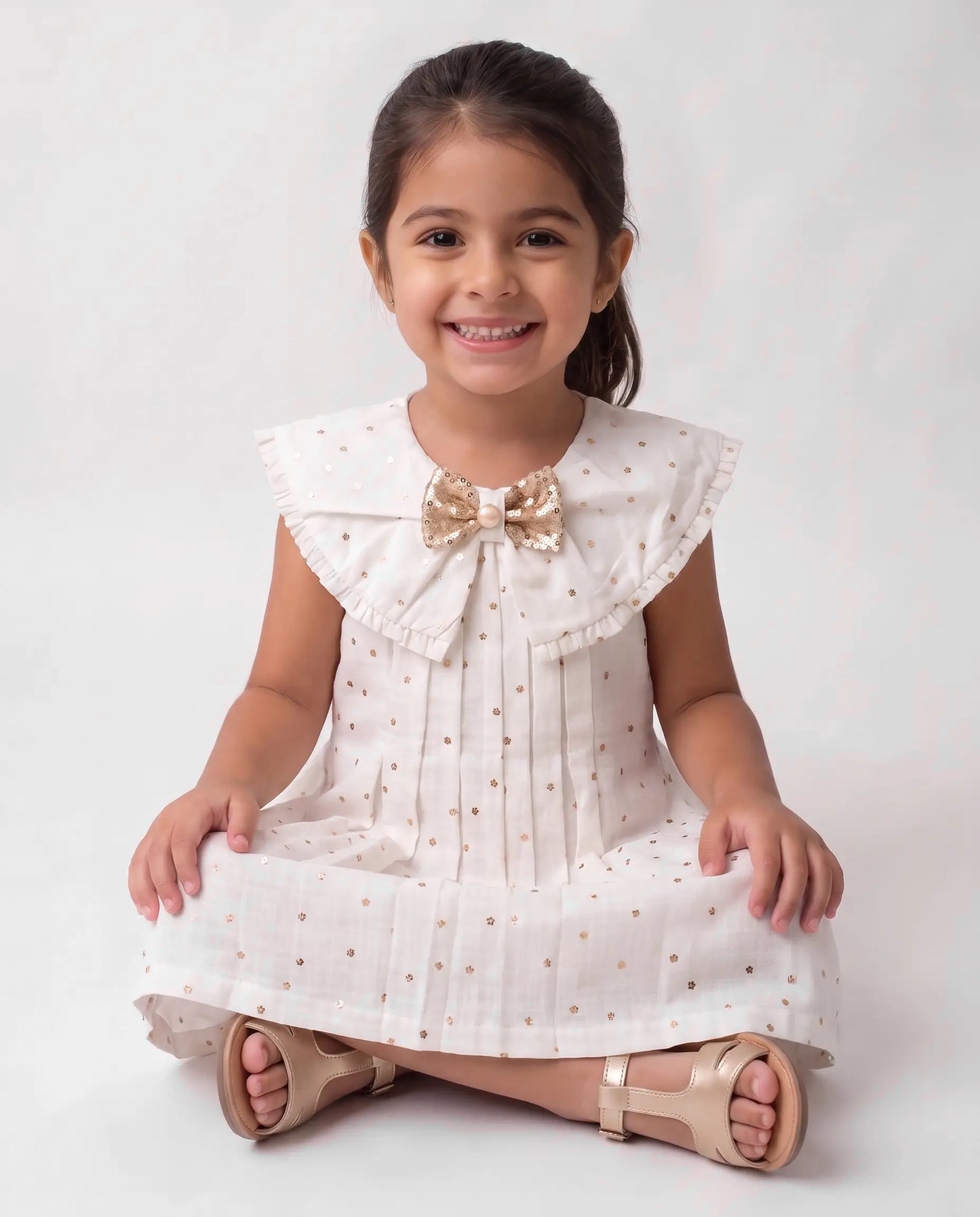 Star print cotton dress with fancy bow (047)