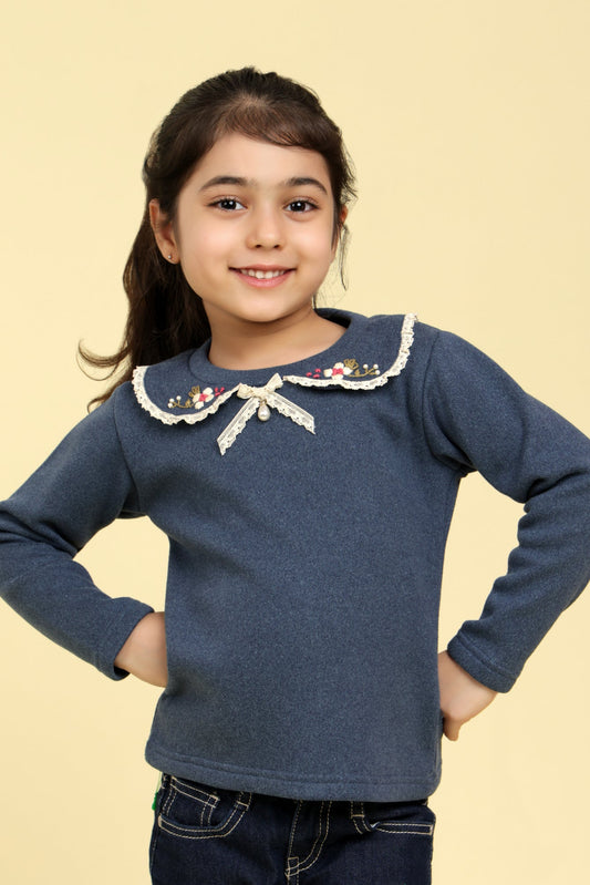Navy top with embroidered collar