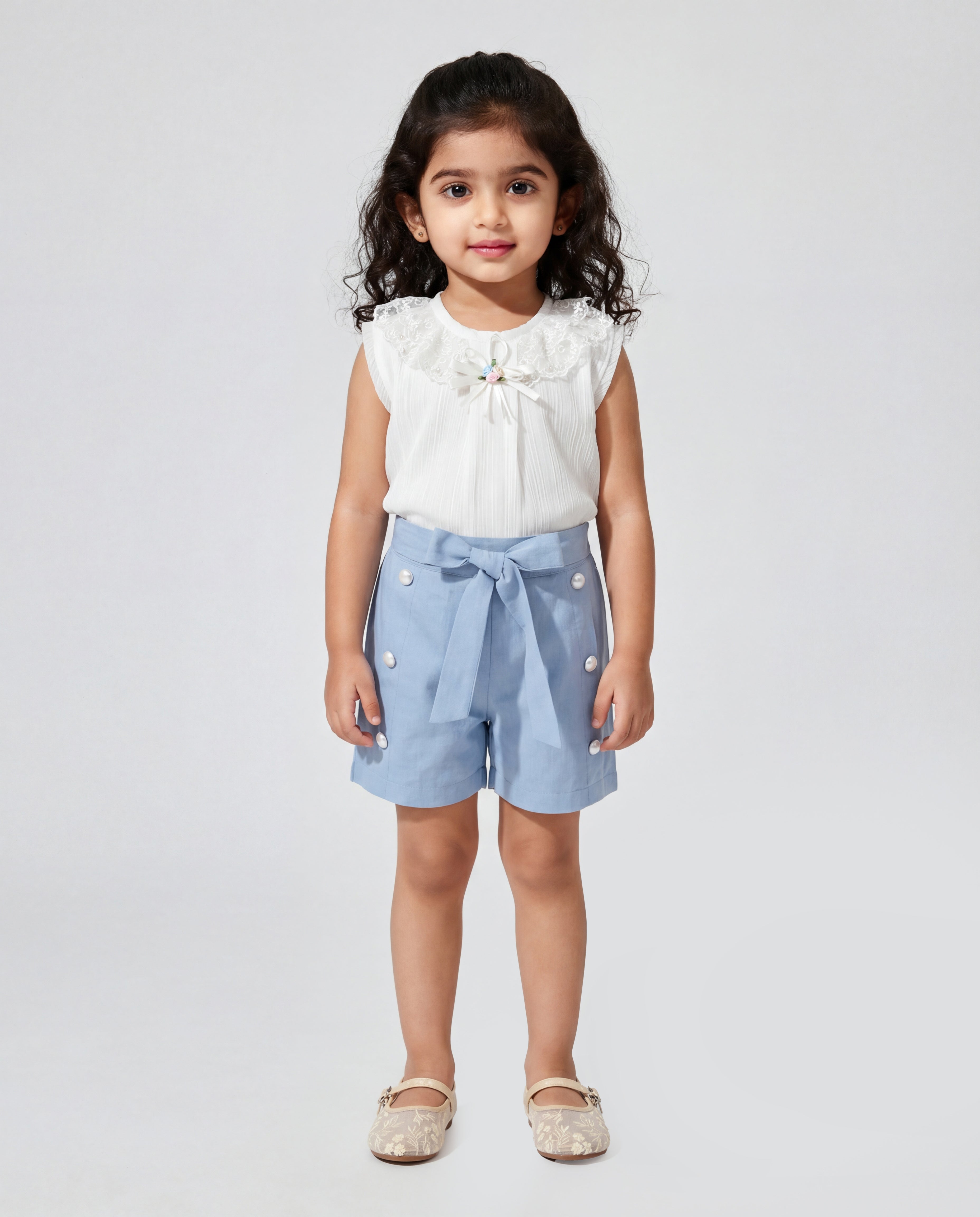 Cream fancy top with Cotton Denim Shorts