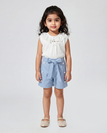 Cream fancy top with Cotton Denim Shorts