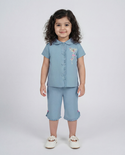 Denim co-ord with bow print detailing