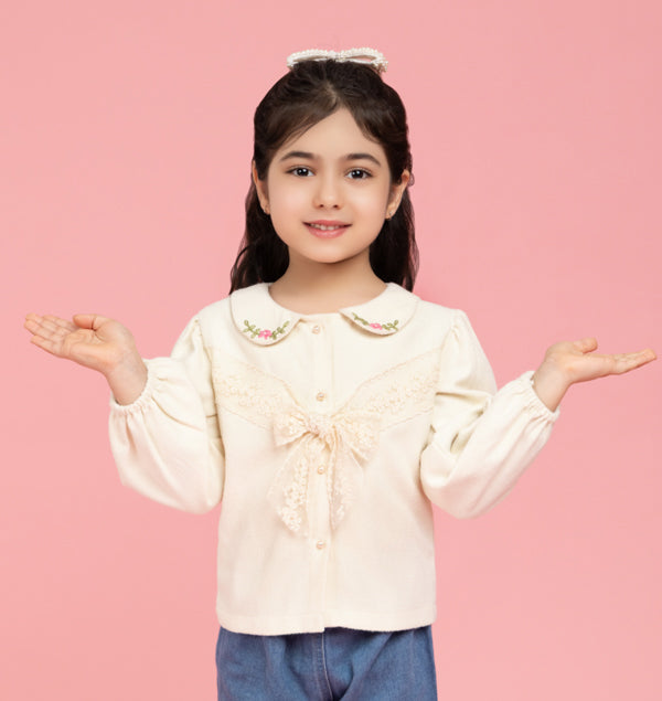 Formal cream embroidered top with lace bow