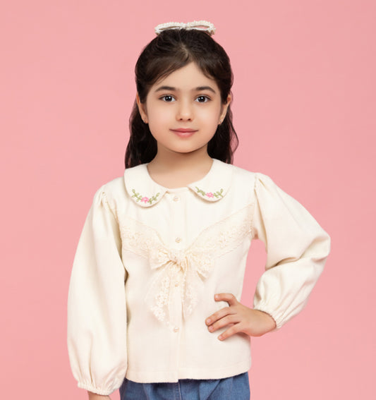 Formal cream embroidered top with lace bow