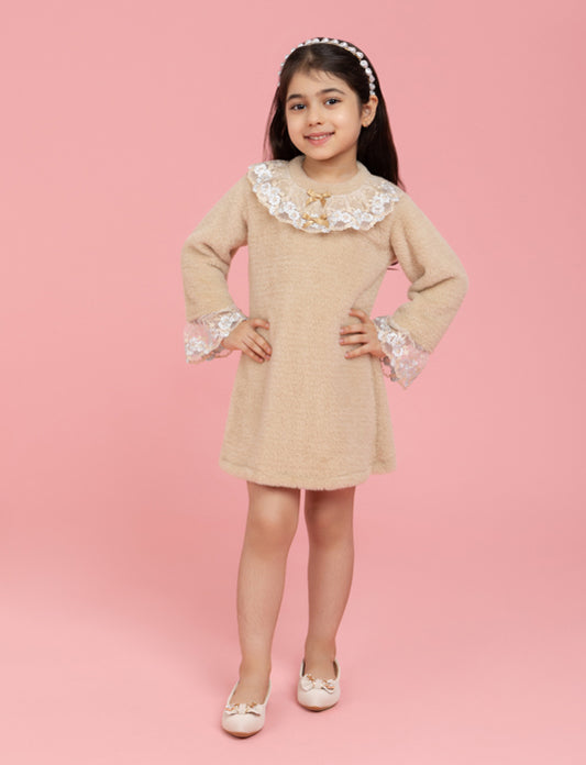 Beige woollen dress with fancy neck