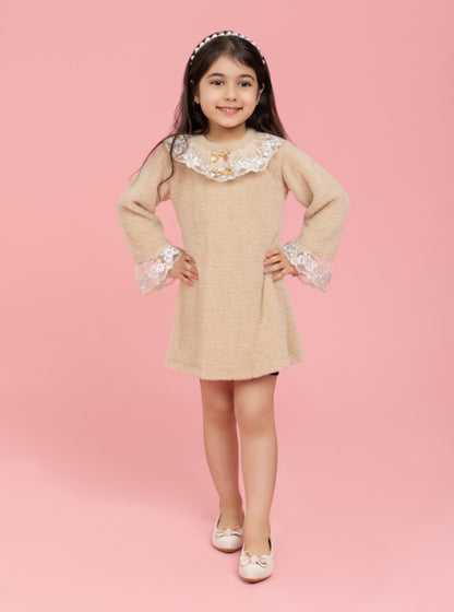 Beige woollen dress with fancy neck