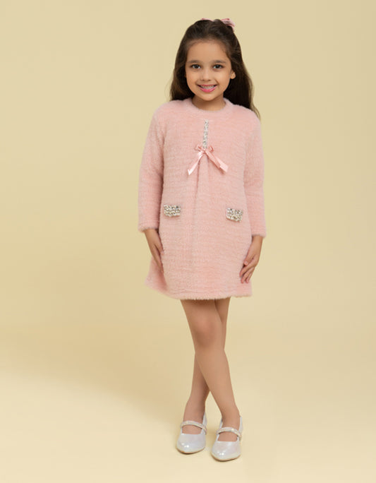 Pink woollen dress with embellishment