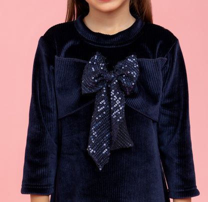 Navy blue dress with fancy sequin bow