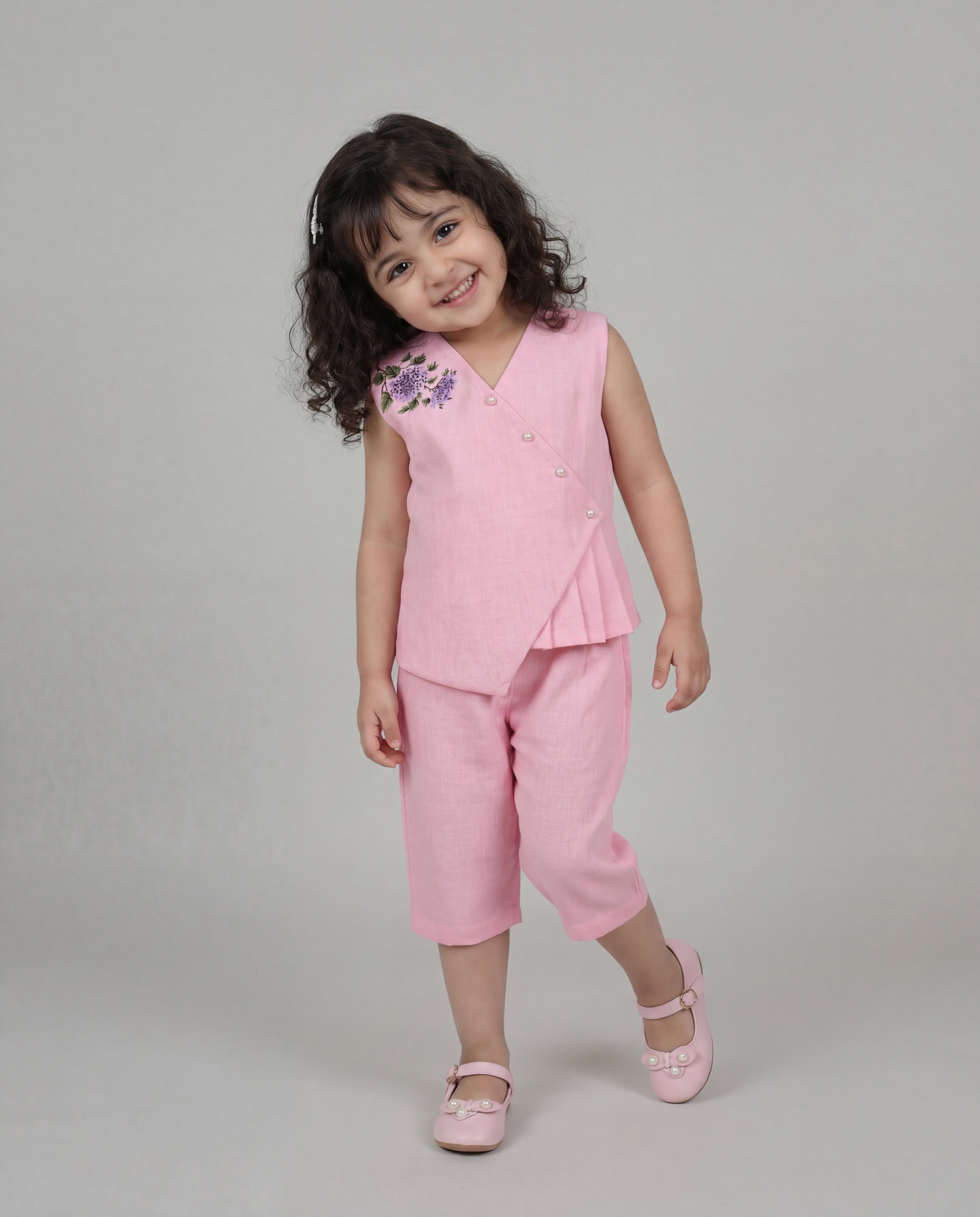 Pink linen co-ord set with floral detailing