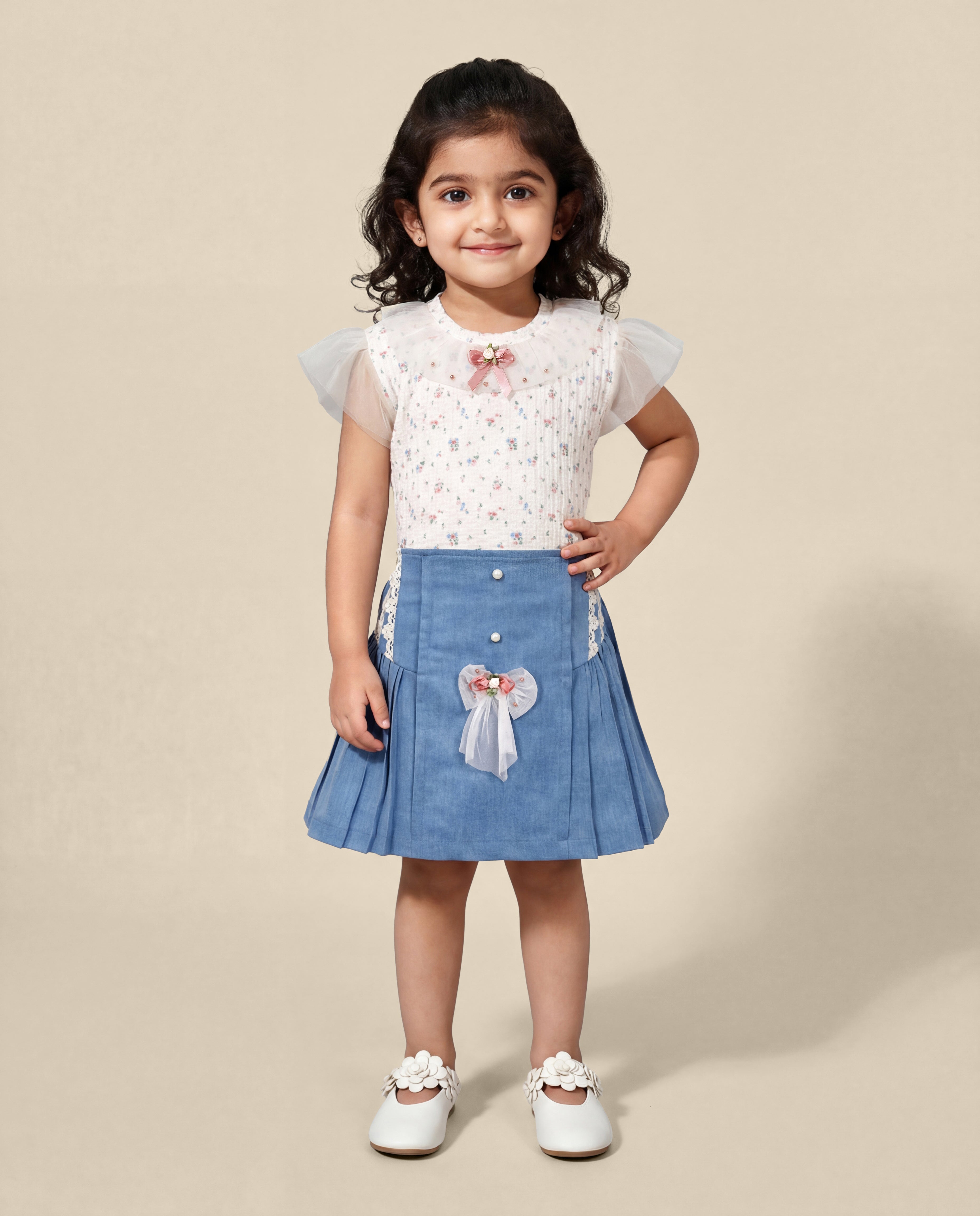Butter floral printed top and denim skirt with lace