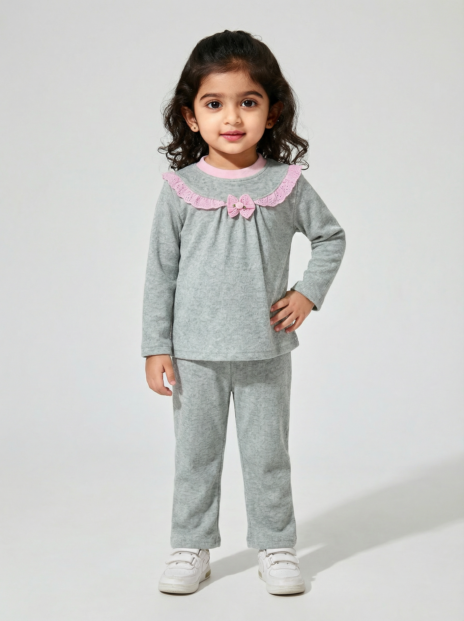 Green nightsuit with pink lace detail- 037